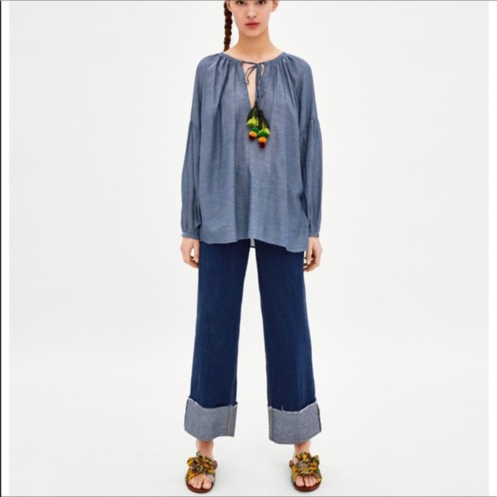 NWOT ZARA Oversize Chambray Top w/ Tassels & Balloon Sleeves, Size XS - Picture 10 of 10